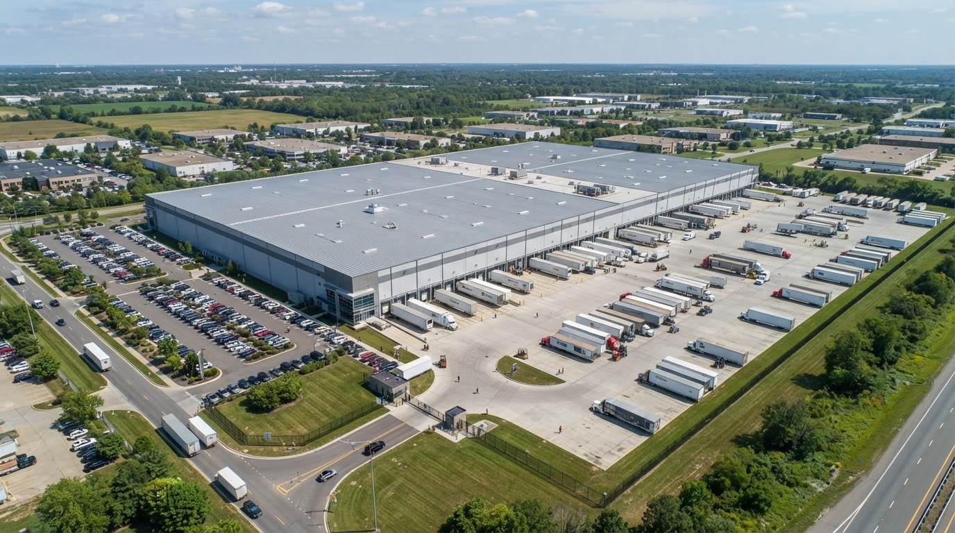 Aerial photo of a logistics distribution center and trailer yard