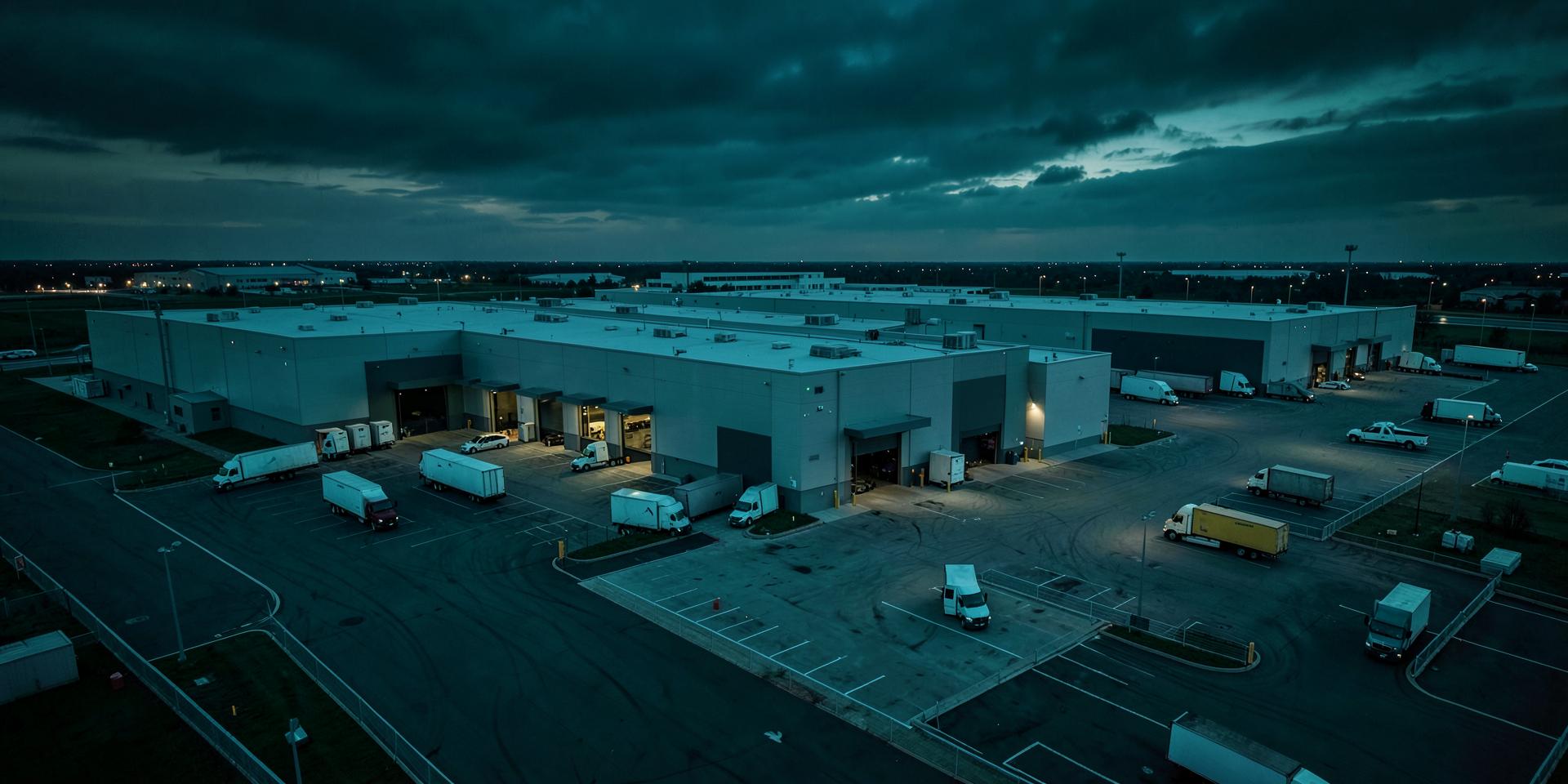 Aerial dusk view of a logistics distribution center with trucks at loading bays